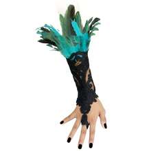 1只女士黑色蕾丝露指羽毛手套，天使/女巫服装配饰，天鹅翅膀腕套，长袖腕套，哥特式万圣节时尚配饰，白色羽毛蕾丝臂套带指环 - 新娘舞会派对服装配饰，优雅哥特式狂欢手套