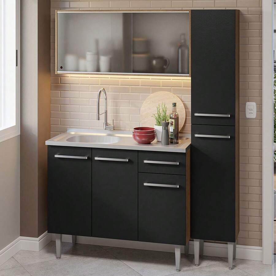 Cocina Integral Completa Modular Madesa Emilly 137cm Mn 07 - Marrón y negro - Ver 1