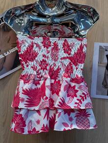 Printed Cropped Blouse With Elastic Ruffle - 玫紅色 - 查看 2