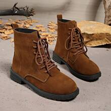 Bottes polyvalentes de mode pour femmes, de couleur unie. Bottes de cheville à bout rond rétro avec lacets et bottines courtes