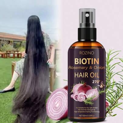 ROZINO 生物素迷迭香洋葱植物配方护发油，100ml。深层滋润滋养，令干燥粗糙的秀发柔顺顺滑。温和呵护，多重修护分叉，令秀发焕发亮泽。清爽配方，适用于各种干燥、毛躁、分叉、打结和受损发质。优质护发油 | 顺滑秀发效果