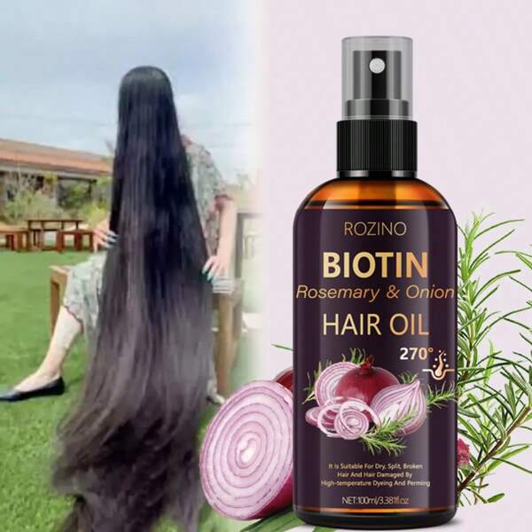 ROZINO Biotin Rosemary Onion Plant Formula Hair Oil, 100ml. Deeply Moisturizes And Nourishes To Smooth Dry, Rough Hair. Gently Protects And Multi-Repairs Split Ends, Leaving Hair With A Glossy Shine. Non-Greasy Formula Suitable For Dry, Frizzy, Split, Tangled, And Damaged Hair Of All Types. Premium Hair Oil | Smooth Hair Effect