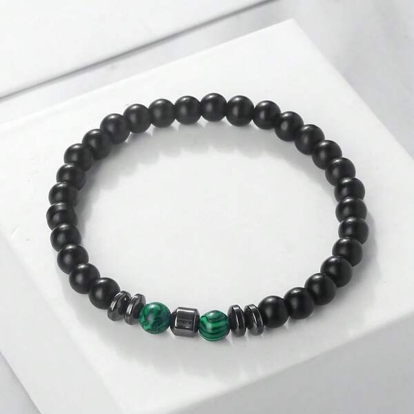 1Pc Of Minimalist 6mm Natural Stone Bracelet With Black Stone Spacer Decoration Suitable For Both Men And Women Fashionable And Versatile Bracelet