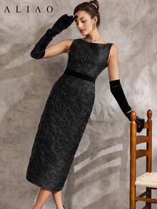 Vestido de noche de estilo vintage, elegante y de clase alta con diseño de jacquard en relieve delicado con apariencia de satén brillante con patrón 3D, cintura drapeada de talle alto, bajo con abertura, sin mangas, para eventos de etiqueta negra, sensación de Derby, vestido negro pequeño, vestido de invitada de boda, estilo de corte, baile de graduación - Negro - Ver 4