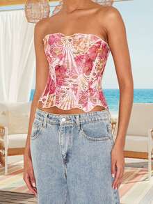 Women Y2k Lace Tube Top Sheer Mesh Strapless Bandeau Top Aesthetic Backless Shirts Going Out Streetwear Women 's Y2K Floral Print Strapless Tube Top Off Shoulder Backless Bandeau Tank Aesthetic Crop Corset Top - 粉色 - 查看 3