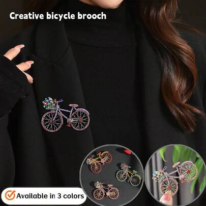 2枚/1枚优雅复古自行车胸针，闪亮车篮设计，低过敏性铜合金别针，适合派对和日常佩戴，自行车造型搭配水钻花朵胸针，新款时尚精品翻领别针，高端百搭服饰配饰，复古水钻自行车胸针，独特时尚男女通用西装别针，居家、派对、宴会必备，精致小礼物