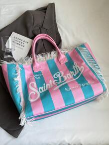 Borsa a tracolla in tela a righe, nuova borsa a frange Dopamine, borsa da pendolare di grande capacità alla moda, stampa a righe casuale