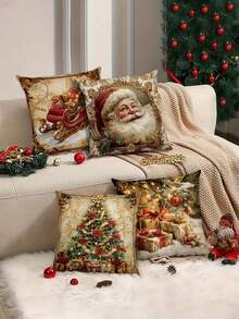 4pcs Christmas Theme Pillow Covers, Vintage Christmas Theme, Santa Claus Christmas Tree Gift Box, Merry Christmas 45x45cm, Suitable For Christmas Home Decor, Sofa Living Room Decoration. (Pillow Insert Not Included) - Multicolor - View 4