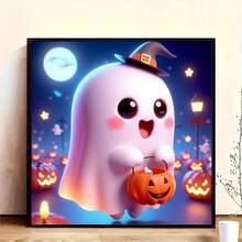 1 pieza Cesta de calabaza, fantasmas lindos, kit de pintura de diamantes, arte de diamantes de forma redonda completa, estilo moderno, adecuado para el hogar, la sala de estar, la decoración de oficinas, excelente para principiantes, ideal para regalos de Halloween y Navidad, sin marco
