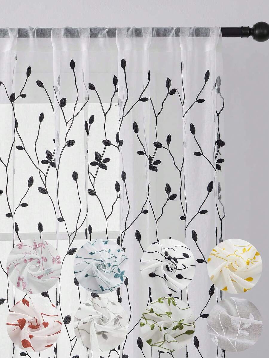1pc Embroidered Sheer Curtains, Floral Leaf Pattern, Rod Pocket, UV Protection, Breathable, Transparent, Polyester, Rod Pocket, No Lining, For Living Room, Bedroom, Dining Room - Black - View 1