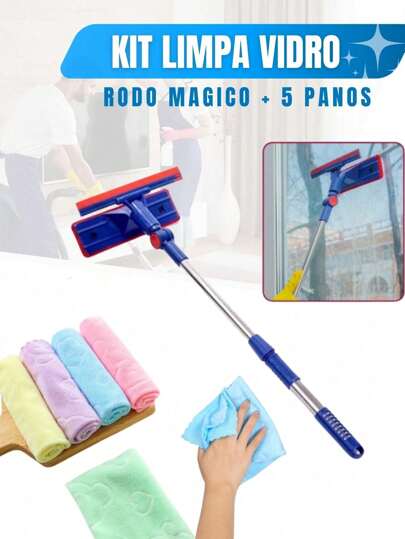 Kit Rodo Limpa Vidro e 5 Panos Rodo Extensível MultiUso