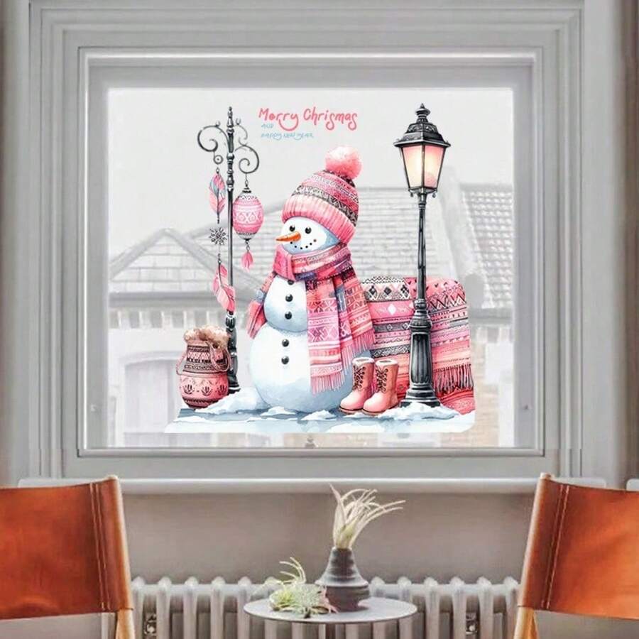 Autocolant pentru fereastră cu om de zăpadă roz de basm - Set autoadeziv pentru decor de sărbători. Design eșarfă și fundă, autocolant pentru sticlă pentru sufragerie și dormitor, cadou ideal pentru fete. Include 1 autocolant pentru sticlă cu om de zăpadă roz de Crăciun și eșarfă, autocolant autoadeziv pentru decor de sărbători pentru sufragerie și dormitor, cadou frumos pentru a îmbunătăți atmosfera de sărbătoare din casa ta.