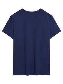 Camiseta casual de manga corta con cuello redondo y estampado de letras para hombre, verano - Azul Marino - Ver 2