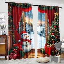 2 Stücke Vorhang mit Weihnachtsmann- und Weihnachtsbaum-Motiv - Polyesterstoff, halbtransparentes modernes Design, geeignet für Schlafzimmer und Wohnzimmer Dekoration, maschinenwaschbar