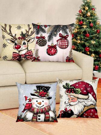 4 pièces Housses de coussin thème de Noël, thème de Noël vintage, Père Noël, renne mignon, bonhomme de neige de Noël, "Joyeux Noël" 45x45cm, convient pour la décoration de la maison de Noël, décoration de salon de canapé. (Inserts de coussin non inclus)