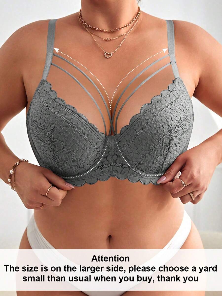 MIMILEMON Plus Size Grey Lace Underwire Bra With Lift Support - Grey - View 1