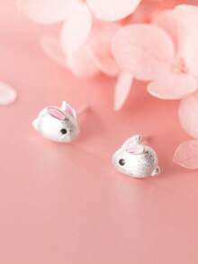 HuooNew 可爱的 925 纯银耳环，优质耳环，兔子，日常佩戴，女士珠宝，银饰，生日礼物