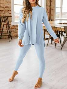 Women's Fall Two-Piece Casual Long-Sleeved Tunic Top And Leggings With Lounge Tracksuit - 淺藍色 - 查看 4