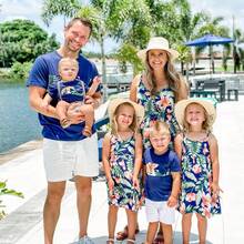Patpat Family Matching Floral Panel Short-Sleeve T-Shirts Or All Over Floral Print V Neck Spaghetti Strap Midi Dresses With Hidden Snap - Royal Blue - View 2