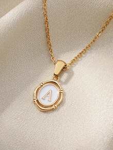 18K镀金不锈钢珐琅字母吊坠项链，优雅礼物项链，送给她/老师/闺蜜，结婚纪念日礼物 - 白色琺瑯 - 查看 7