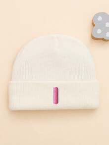 1 peça de gorro de malha branca com estampa de letras rosa bebê, moderno e fofo, macio e confortável, quente, adequado para bebês de 0 a 6 meses, uso diário no outono/inverno