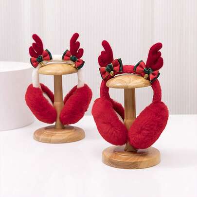 Ladies' Comfortable Cartoon Reindeer Ear Muffs - Foldable, Windproof And Warm Polyester Ear Muffs With Bow Details, No Need For Power Supply, Winter Cold-Proof Accessories, Essential Festival Gifts For Party Photos, Outdoor Warmth Wonder, Fun Design, Soft Texture Fabric, Comfortable Fit