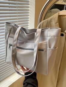 女士多口袋托特包，轻便可折叠单肩/腋下包，学生背包，办公公文包，大容量购物袋，适合购物、钱包、逛街、年轻女性、大学生、新手、白领。非常适合办公室、大学、工作、商务、通勤、户外活动、旅行和野餐 - 灰色 - 查看 2