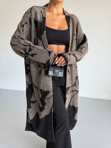Patterned Long Women's Knitted Cardigan, Floral All-Over Print Patchwork Beach Wear - Dark Grey - View 6
