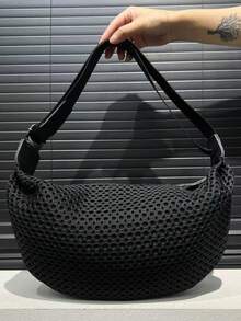 Women's Fashion Nylon Messenger Bag, Large Capacity Solid Color Crossbody Bag, Fixed Shoulder Strap, Polyester Lining, Thickened Casual Handbag - Black - View 5