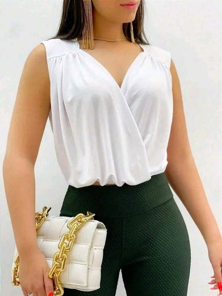 Cropped Blusa Feminina Regata  de tecido poliamida fluist  Simples    Tecido de malha    Peça em V  Cruzado    casual  Feriado  Diário  Despedida de solteira  viagem    Verão