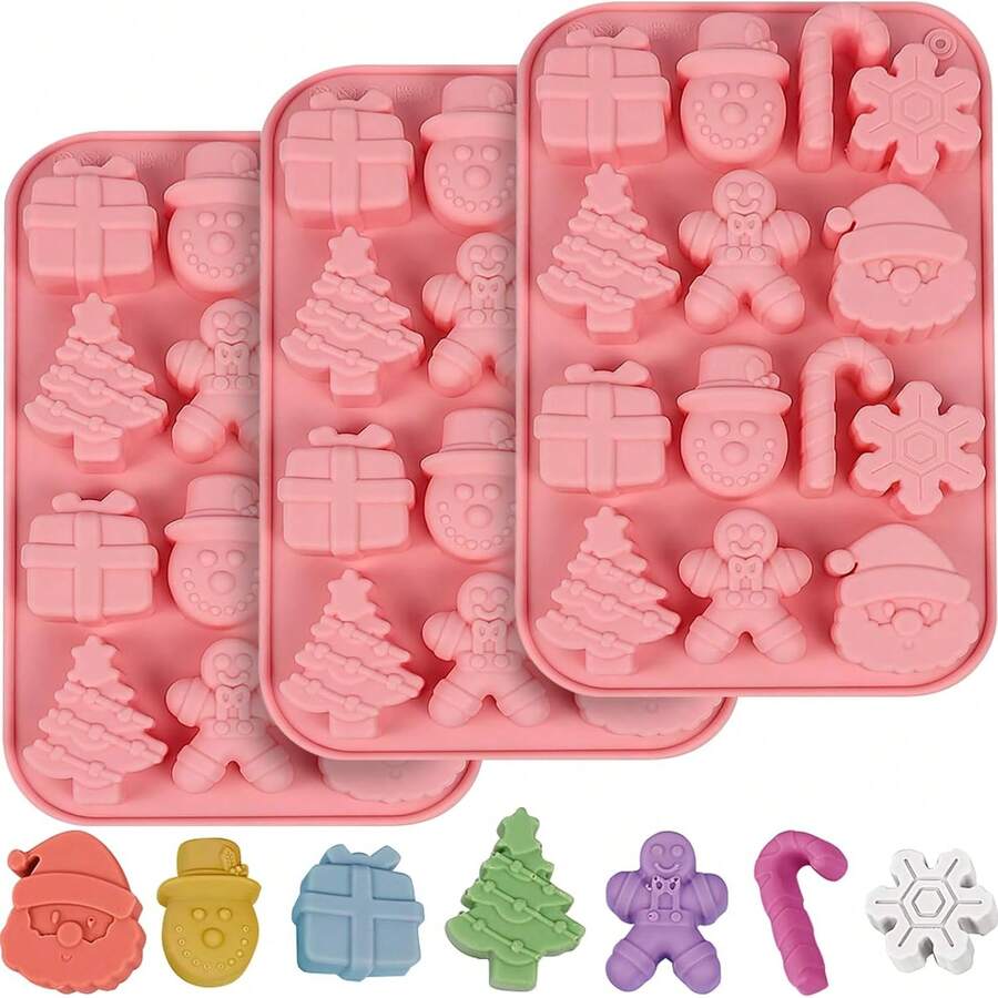 14-Cavity Silicone Christmas Cake Mold With Gingerbread, Candy Canes, Gifts, Trees, Non-Stick, Easy Release & Clean - Pastel Pink/Blue Colors For Holiday Baking, Parties, Gifts - Reusable Baking Mold For Cookies, Ice Cubes, Candies - Compatible With Halloween, Christmas, New Year Celebrations