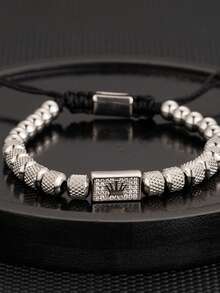 男士时尚皇冠吊坠手链，不锈钢可调节串珠链，合成方晶锆石，感恩节/圣诞节/父亲节珠宝礼品配饰 - 彩色 - 查看 11