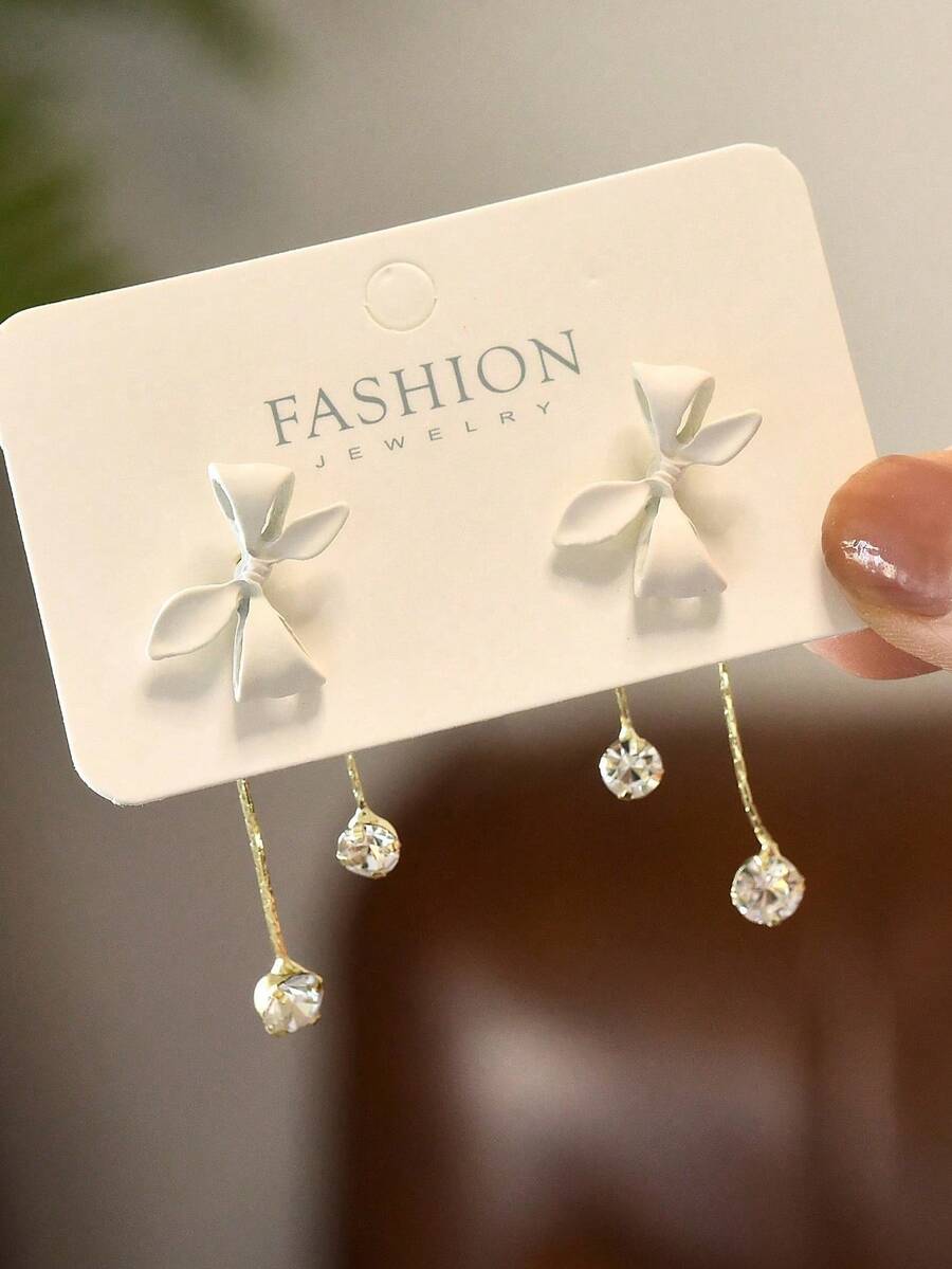 1 对白色蝴蝶结流苏长耳环，带水钻，适合女孩，甜美女孩耳环，适合夏季，情人节，母亲节，礼物（无卡）