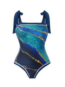 Blue And White V Neck Lace Up Strip Plant Prints One Piece Swimsuit And Skirt/Sarong - Màu xanh hải quân - Xem 3