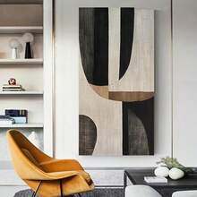 1 Piece Large Unframed Abstract Canvas Wall Art, 50x100cm/19.68x39.37in - Modern Bohemian Style Design, Black, Beige And Gold Geometric Patterns, Ideal For Living Room Decor - Multicolor - View 4