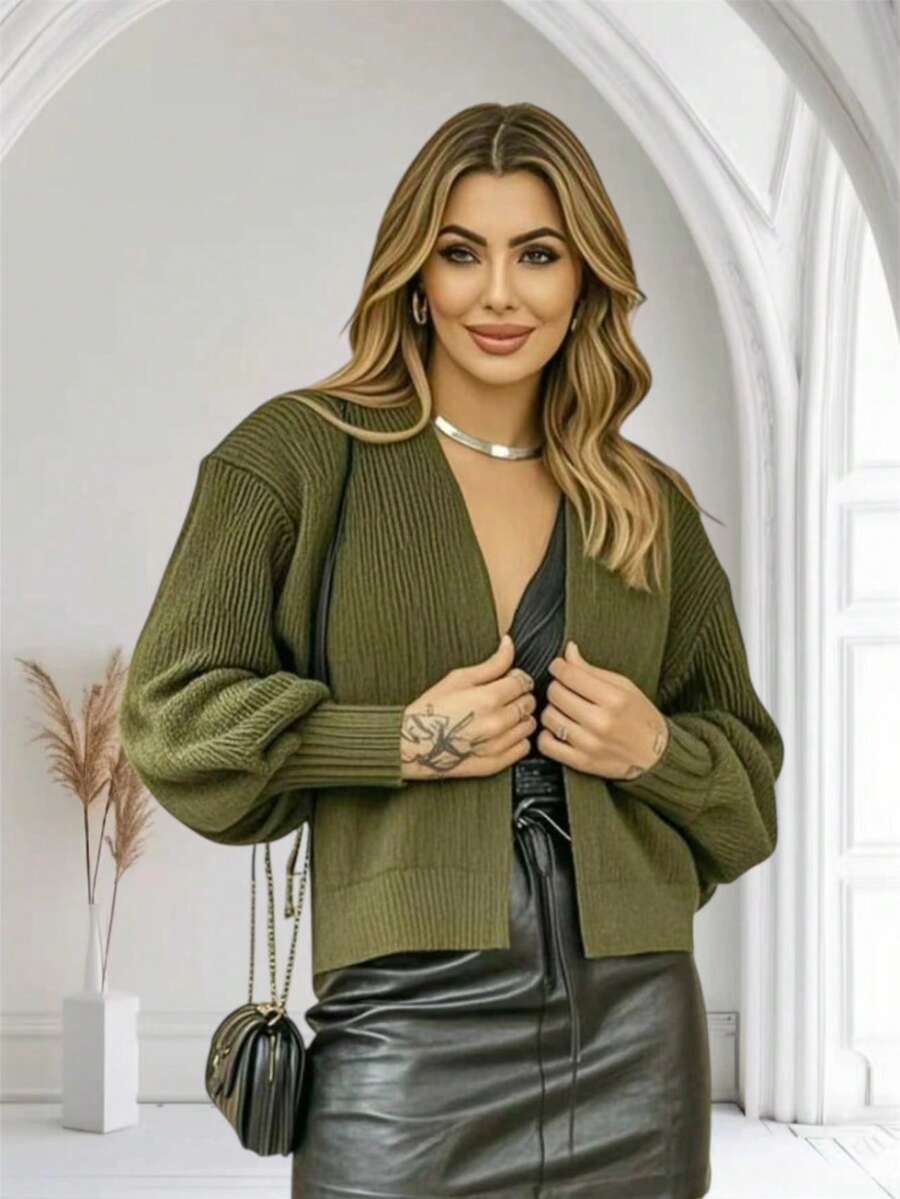Women's Knitted Winter Coat With Puff Sleeves, Simple, Knitted - Army Green - View 1