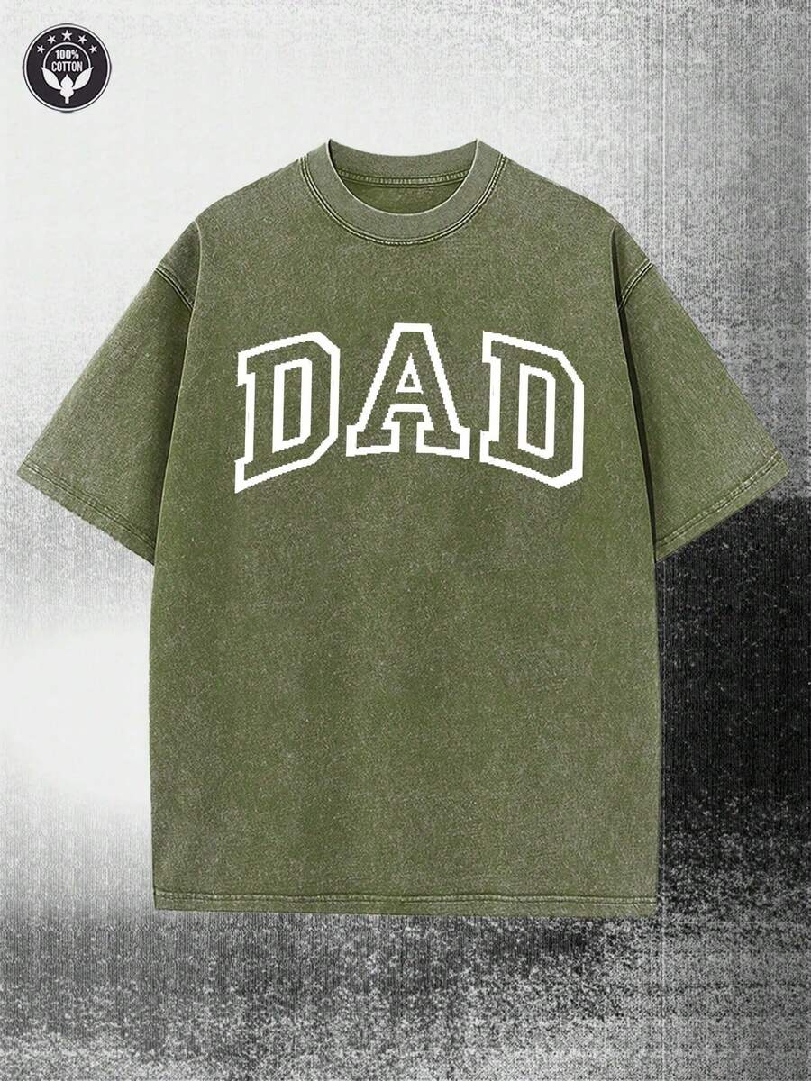 Washed,New Dad's Gift Hoodie HikingWashed,Washed Printed T-Shirt, Seasonal Casual Men's T-Shirt, Round Neck Cotton Short-Sleeved T-Shirt, Christmas Gift. - 軍綠色 - 查看 1