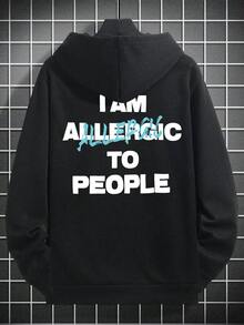 Zrgoth 男士休闲标语印花宽松袋鼠口袋连帽衫，秋冬款 - 黑色 - 查看 4