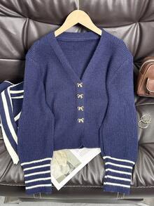 Navy Collar Bow Knit Cardigan, Versatile School Style Sweater