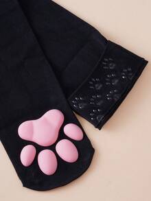 1/2 Pairs Of 3D Cat Claw Socks Cute Loli Long-Top Over-Knee Stockings, Three-Dimensional Silicone Padded Design At The Bottom, Anti-Hook Silk, Wear-Resistant Sexy Stockings - 1雙黑色 - 查看 5