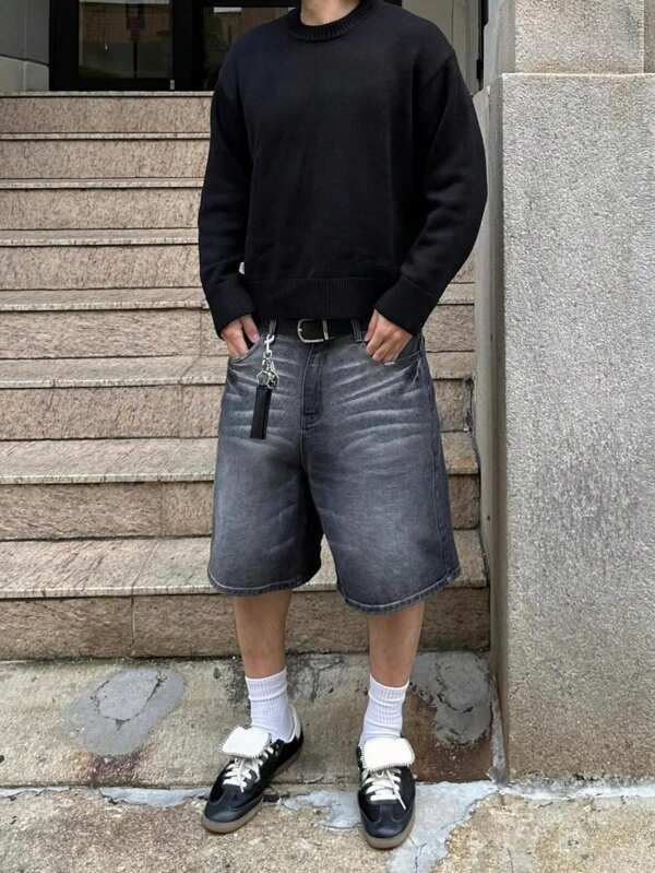 Men's Vintage Washed Black Denim Bermuda Shorts Jorts, Casual Wide Leg Loose Relaxed Fit Straight Mid-Length Pants, Summer