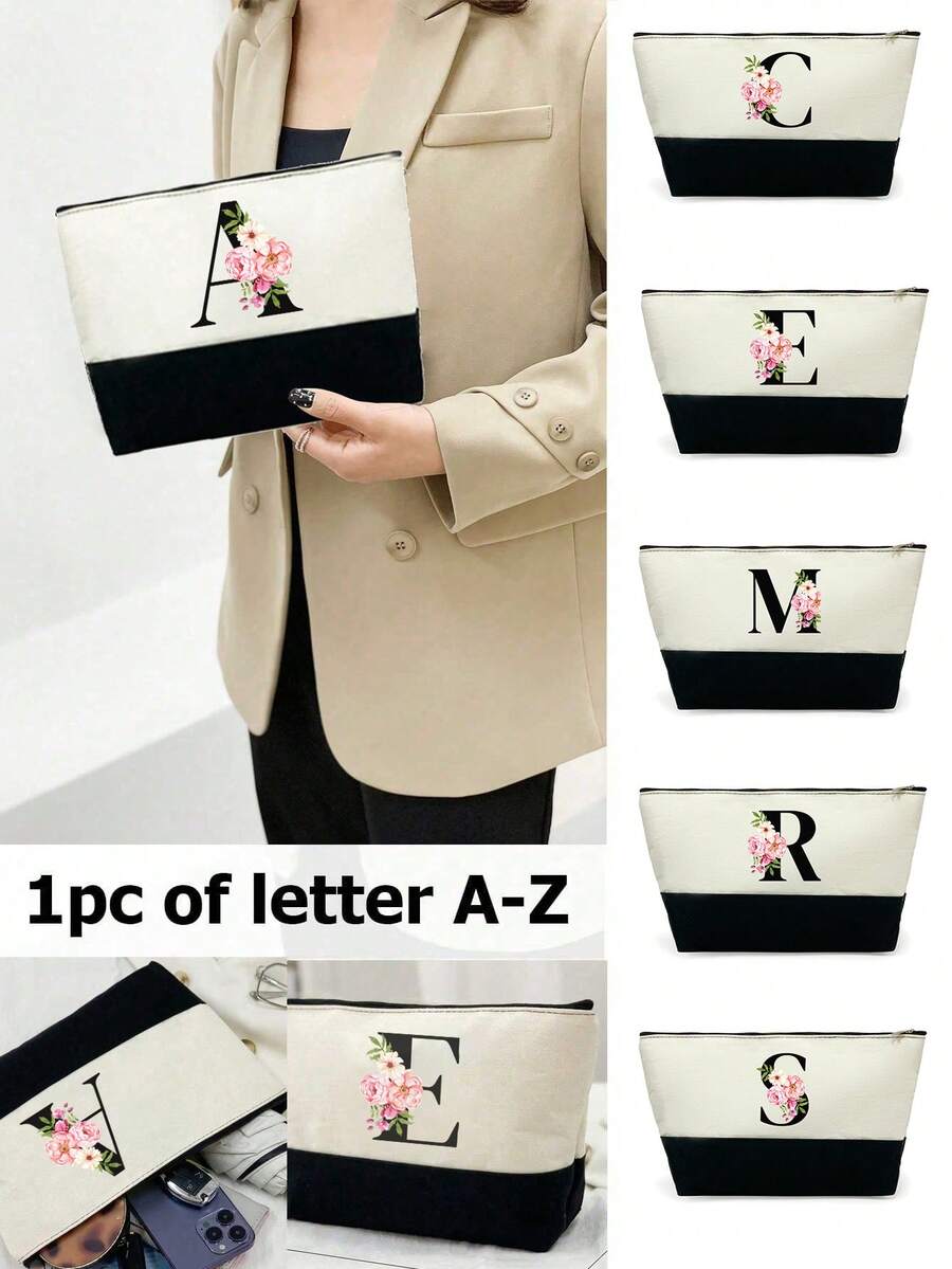 1个字母印花拼接女士手提包/化妆包，教师节礼物，可重复使用手拿包，简约大容量女士旅行化妆包，多功能便携女士礼品，休闲收纳袋，全新购物理想之选，男女通用，情侣款，日常使用，节日，返校季