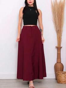 Women's Long Round Skirt Tailoring Evangelical Fashion Casual Basic Winter High Waist Elegant - 酒紅色 - 查看 3