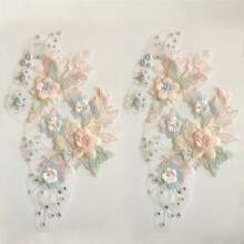 1pc 3D Floral Lace Embroidery Applique Patch Polyester With Beads And Rhinestones, Pink And White Flower Designs For Crafts, Wedding Bridal Decoration, Home Decoration, Art Supplies, Knitting, Embroidery Applique