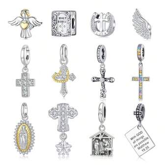  BAMOER 1 件 925 纯银十字架处女天使珠守护之翼吊坠饰品适用于手链项链 DIY 原创礼物配饰