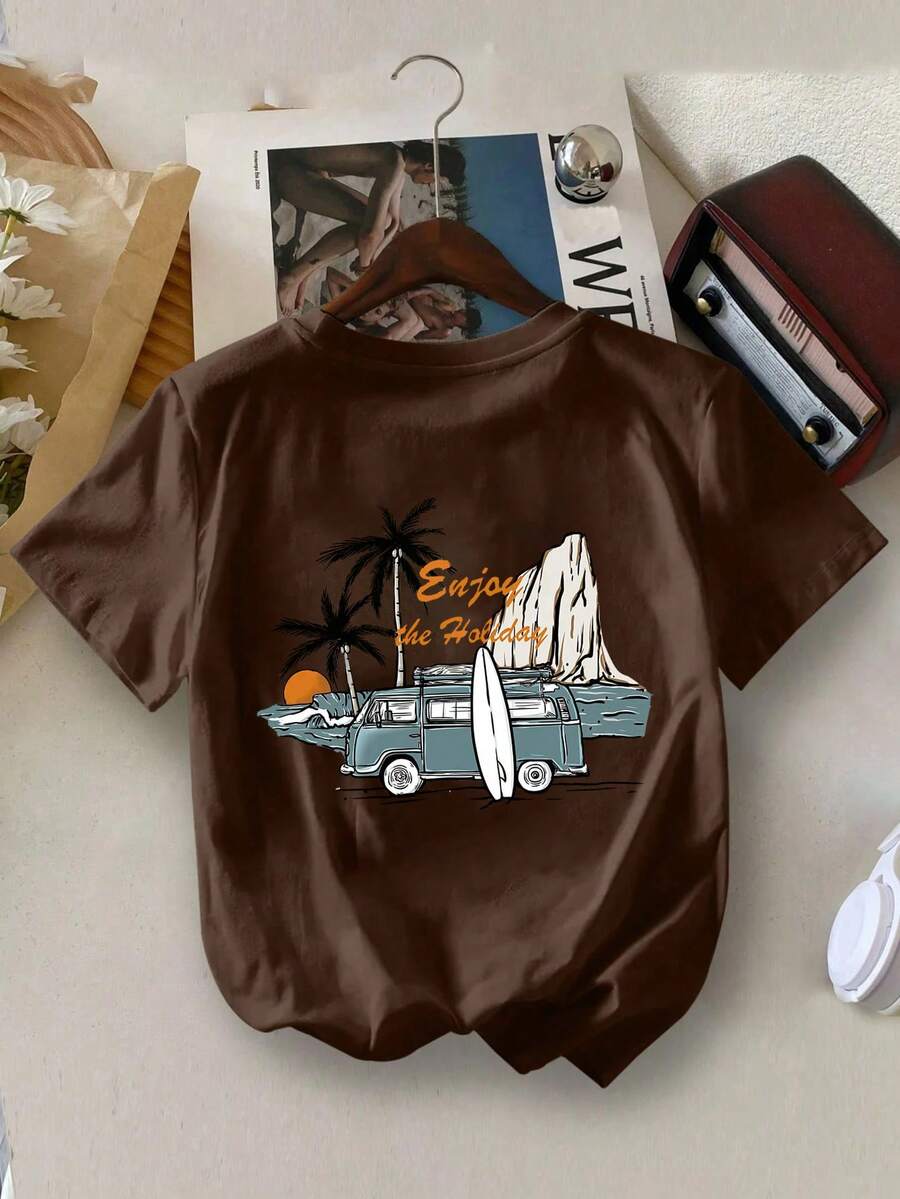 男童沙滩印花圆领T恤，春夏男童休闲T恤，柔软上衣 - 棕色 - 查看 1