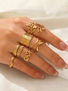 6 件/7 件不锈钢镀金时尚优雅几何心形椭圆叶戒指套装，适合女性日常、约会、节日佩戴，高端戒指套装 - 彩色 - 查看 2