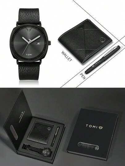 TOMI TOMI Men's Watch With Wallet And Pen, Minimalist & Elegant Calendar Business Style Quartz Watch, High-End Leather Strap, Gift Box Set Suitable For Daily Life, Business Events, Father's Day, Valentine's Day, Back To School