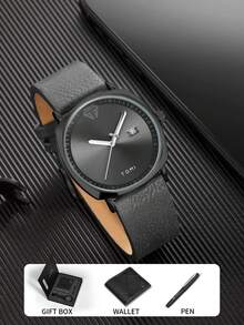 TOMI 男士手表带钱包和笔，简约优雅的日历商务风格石英表，高端皮革表带，礼盒套装适合日常生活、商务活动、父亲节、情人节、返校 - 黑色 - 查看 6