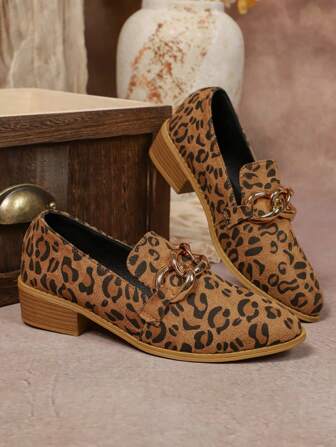 Women's Pointed Toe Leopard Print Metal Buckle Chunky Heel Slip-On Casual Outdoor Lightweight High Heel Pumps